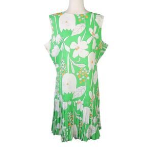 Vintage 70s Green and White Floral Hawaiian Pleated Mini Dress M